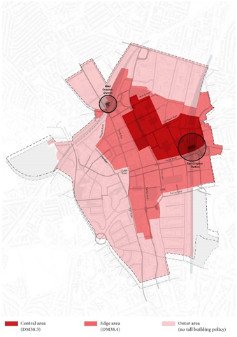 Figure 11.6 Plan of the Central and Edge areas for tall buildings (Policies DM38.3 and DM38.4)