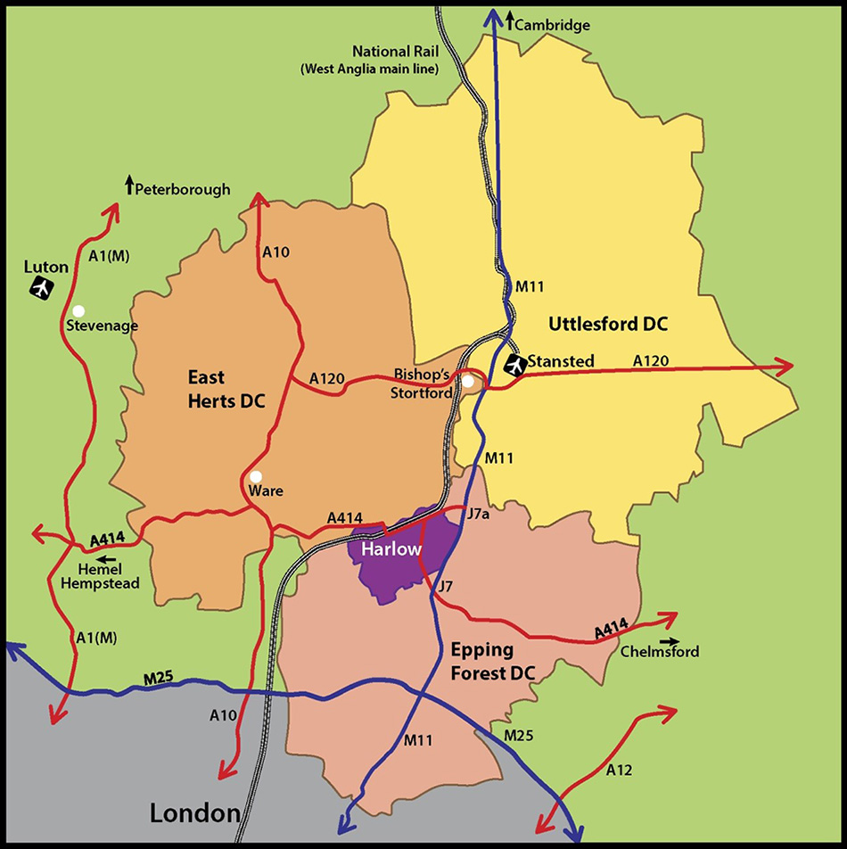 Map of Harlow and its spatial setting