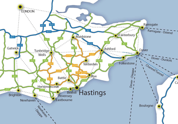 Map showing Hastings location in the South East