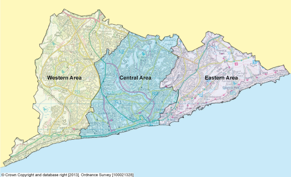 Map showing the Western, Central and Eastern Areas