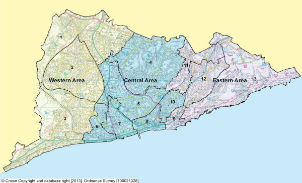 Map showing the Planning Focus Areas within Western, Central and Eastern Areas