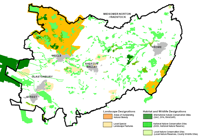  The Extent of Designated Landscapes and Wildlife Sites across Mendip District