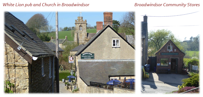 White Lion pub and Church in Broadwindsor			             Broadwindsor and Community Stores